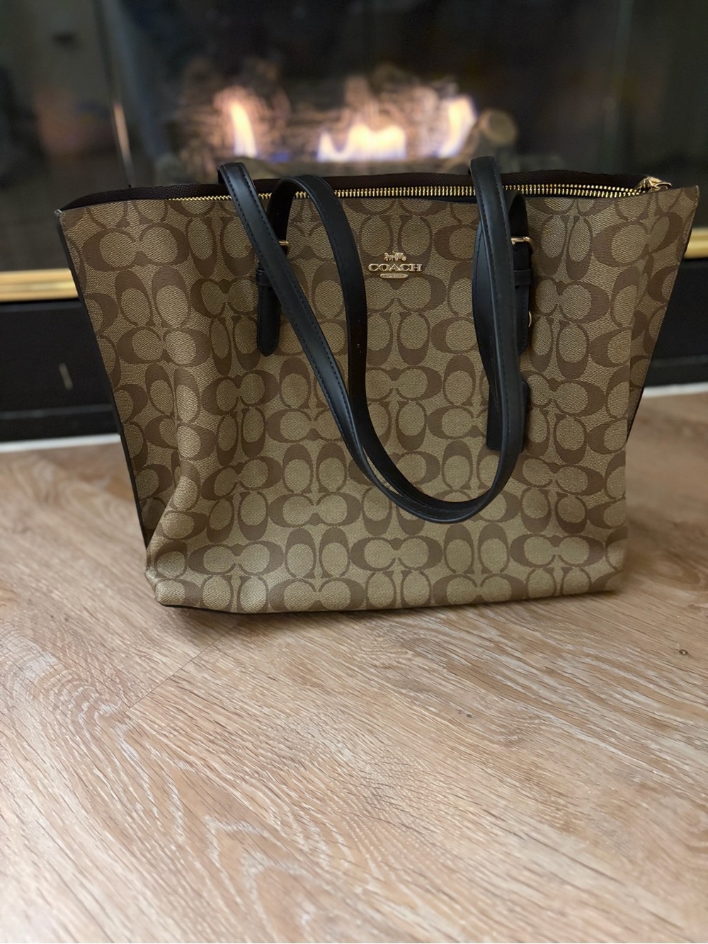 Coach Brown Signature Canvas Tote with Black Leather Straps